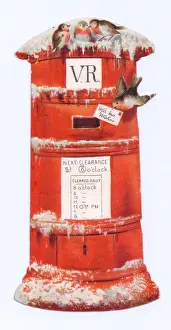 Robins Prints: Red pillar box with robins on a Christmas card