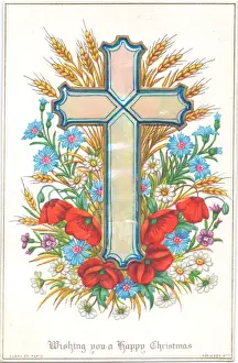 Red poppies and a cross on a Christmas card