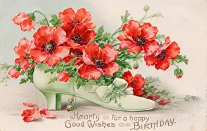 Buds Prints: Red poppies in a white shoe on a birthday postcard