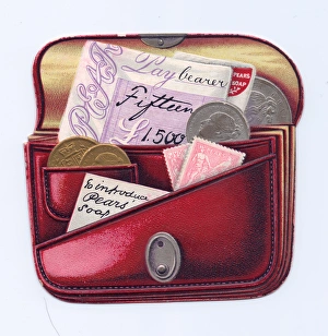 Images Dated 13th November 2015: Red purse full of money on a cutout card