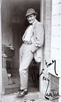 Reg Carter, artist, outside his studio, Southwold, Suffolk