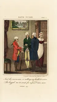 Quack Prints: Regency doctors in wigs and frock coats consult with a nurse