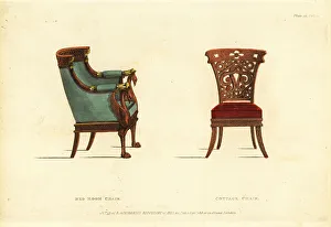 Furnishings Prints: Regency-era bedroom chair and antique cottage chair, 1813