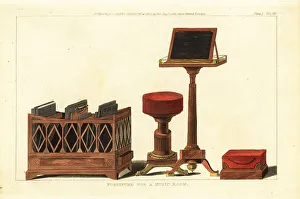 Furnishings Prints: Regency-era ordonnateur, music stand, stool and footrest