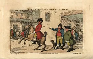 Bunbury Gallery: Regency gentleman riding a prancing horse in a town street