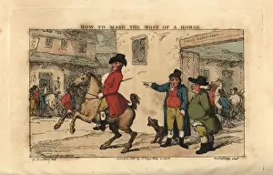 Regency gentleman riding a prancing horse in a town street