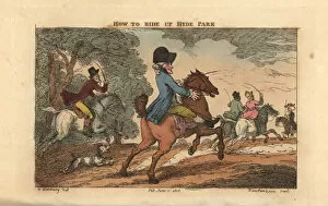 Images Dated 5th September 2019: Regency gentlemen riding horses using whips