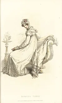 Flounce Prints: Regency lady in evening dress reading a book, 1819