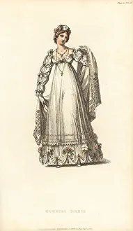 Thomas Uwins Prints: Regency lady in evening dress and transparent silk shawl, 1817