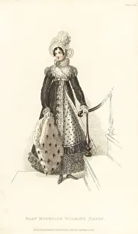 Flounce Prints: Regency lady in half-mourning walking dress and gipsy hat, 1819