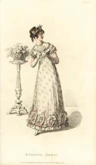 1820 Prints: Regency lady in lace evening dress decorated with leaves, 1820