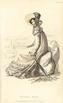 Thomas Uwins Prints: Regency lady in walking dress on a beach, 1818
