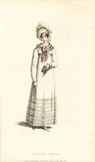 Fichu Prints: Regency lady in walking dress holding an almanack, 1817