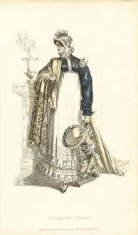 Regency lady in walking dress holding a French bonnet, 1818