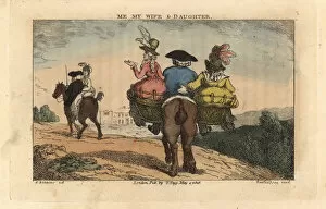 Bunbury Gallery: Regency man riding on a horse with two women pillion