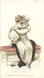 Flowered Prints: Regency mother and child playing on a sofa, 1810