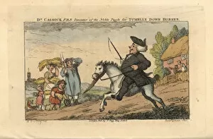 Regency physician riding a horse wearing a chin piece