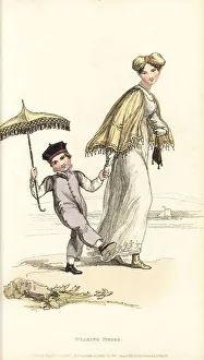 Parasol Prints: Regency woman and child walking on a beach, 1811