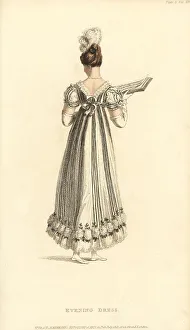 Regency woman in evening dress reading a musical score, 1815