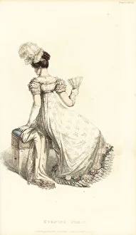 Regency woman in evening dress seated on a stool, 1820