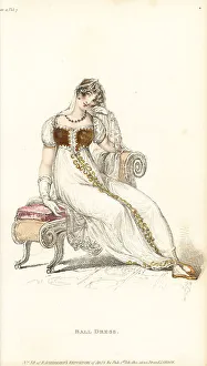 Ball Gown Prints: Regency woman lounging on a sofa at a ball, 1812