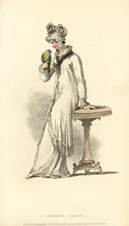 Flounce Prints: Regency woman in morning dress playing with a parrot, 1815