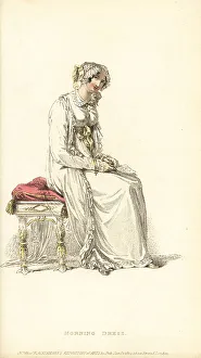 Rosary Prints: Regency woman in morning dress seated on a stool
