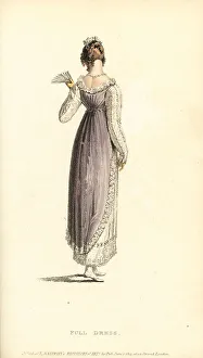 Flounce Prints: Regency woman in primrose tunic over satin slip, 1814