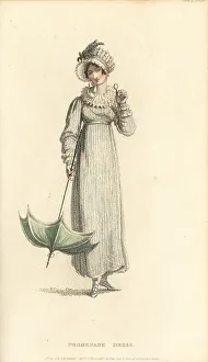 Lorgnette Prints: Regency woman in promenade dress with lorgnette, 1815