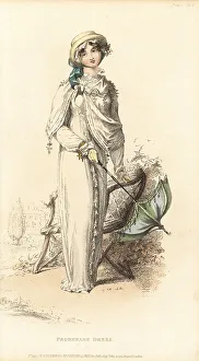 Thomas Uwins Prints: Regency woman strolling in the grounds of a stately home