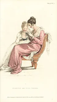 Regency women in evening dress looking at a locket, 1810