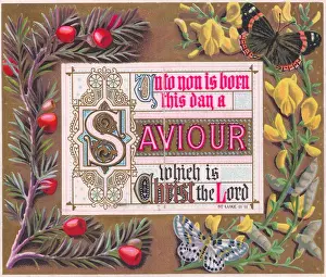 Saviour Prints: Religious verse with flowers on a Christmas card