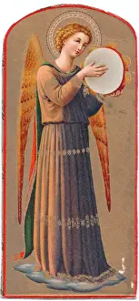 Angels Prints: Renaissance style musical angel with tambourine