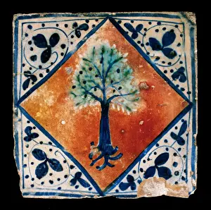 Ceramics Prints: Renaissance style. Tile of Manises. 15th century. Heraldic s
