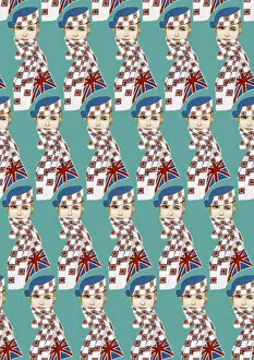 Wrapped Collection: Repeating Pattern - Girl in Union Jack Flag Scarf, turquoise