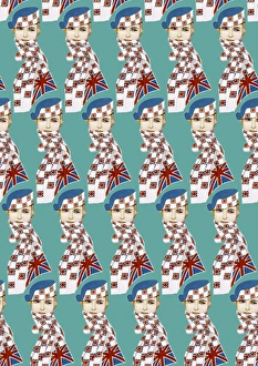 Wrapped Collection: Repeating Pattern - Girl in Union Jack Flag Scarf, turquoise