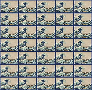 Images Dated 12th July 2017: Repeating Pattern - Hokusai Great Wave - blue border