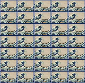 Fabric Prints: Repeating Pattern - Hokusai Great Wave - blue border