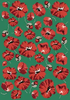 Repeating Pattern - Poppies - Green background