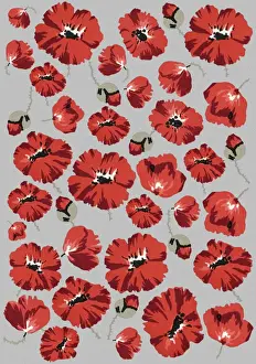 History Repeats Itself Prints: Repeating Pattern - Poppies - Grey background