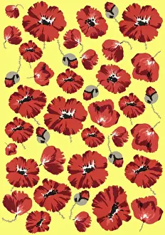 History Repeats Itself Prints: Repeating Pattern - Poppies - Yellow background