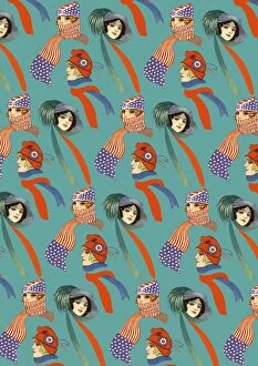 Images Dated 10th July 2017: Repeating Pattern - three women, scarves and hats, turquoise