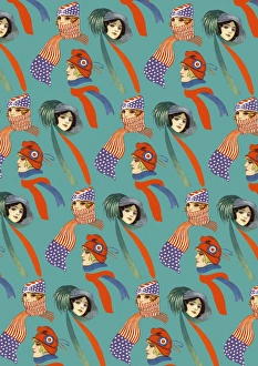 Images Dated 10th July 2017: Repeating Pattern - three women, scarves and hats, turquoise
