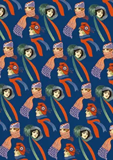 Images Dated 10th July 2017: Repeating Pattern - three women in scarves and hats, blue
