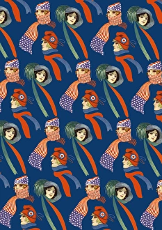 Images Dated 10th July 2017: Repeating Pattern - three women in scarves and hats, blue