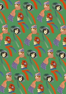Images Dated 10th July 2017: Repeating Pattern - three women in scarves and hats, green