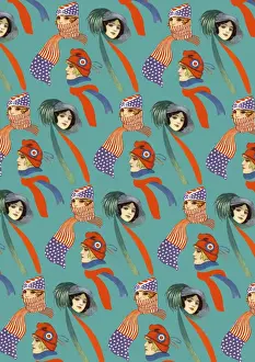 Replication Prints: Repeating Pattern - three women, scarves and hats, turquoise