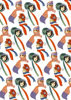 Images Dated 10th July 2017: Repeating Pattern - three women in scarves and hats, white