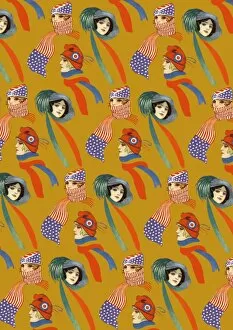Images Dated 10th July 2017: Repeating Pattern - three women in scarves and hats, yellow