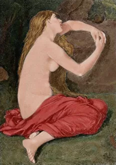 Repentant Mary Magdalene. Engraving. Colored